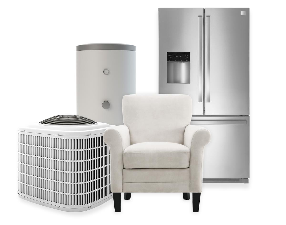 Picture of a couch chair,Air unit,water unit and refrigerator.